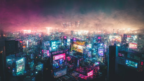 ネオンに照らされた近未来の都会夜景：サイバーパンク風