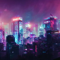 スモッグがかかったサイバーシティのネオン夜景の写真