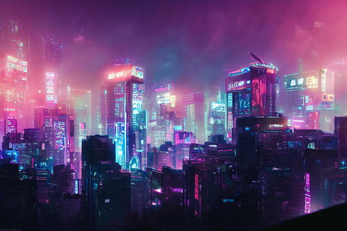 スモッグがかかったサイバーシティのネオン夜景