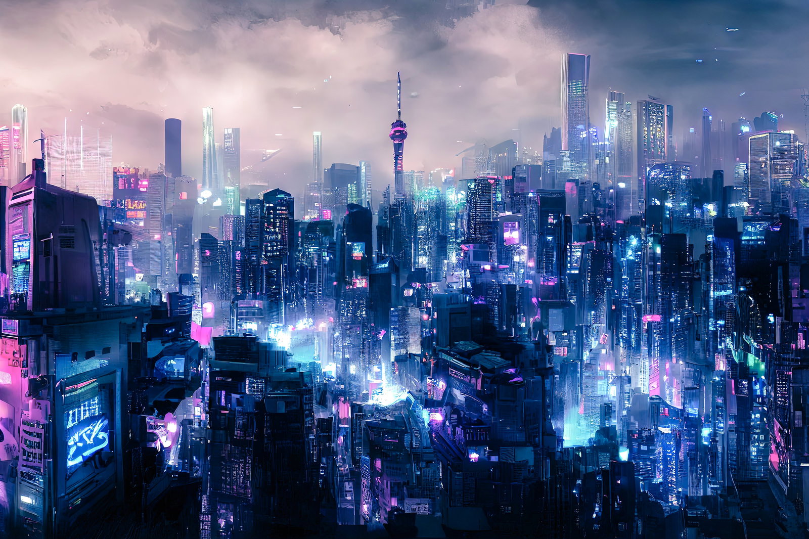 紫とピンクのネオンが光るサイバーパンク風未来都市の夜景