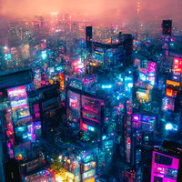 スモッグに覆われたネオンが光る都市景観の写真