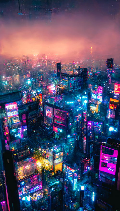 スモッグに覆われたネオンが光る都市景観