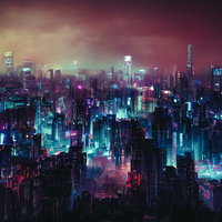 怪しいビル群がネオンで彩る近未来の夜景・サイバーシティの写真