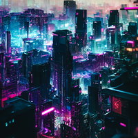 眠らないサイバー都市のネオン夜景の写真