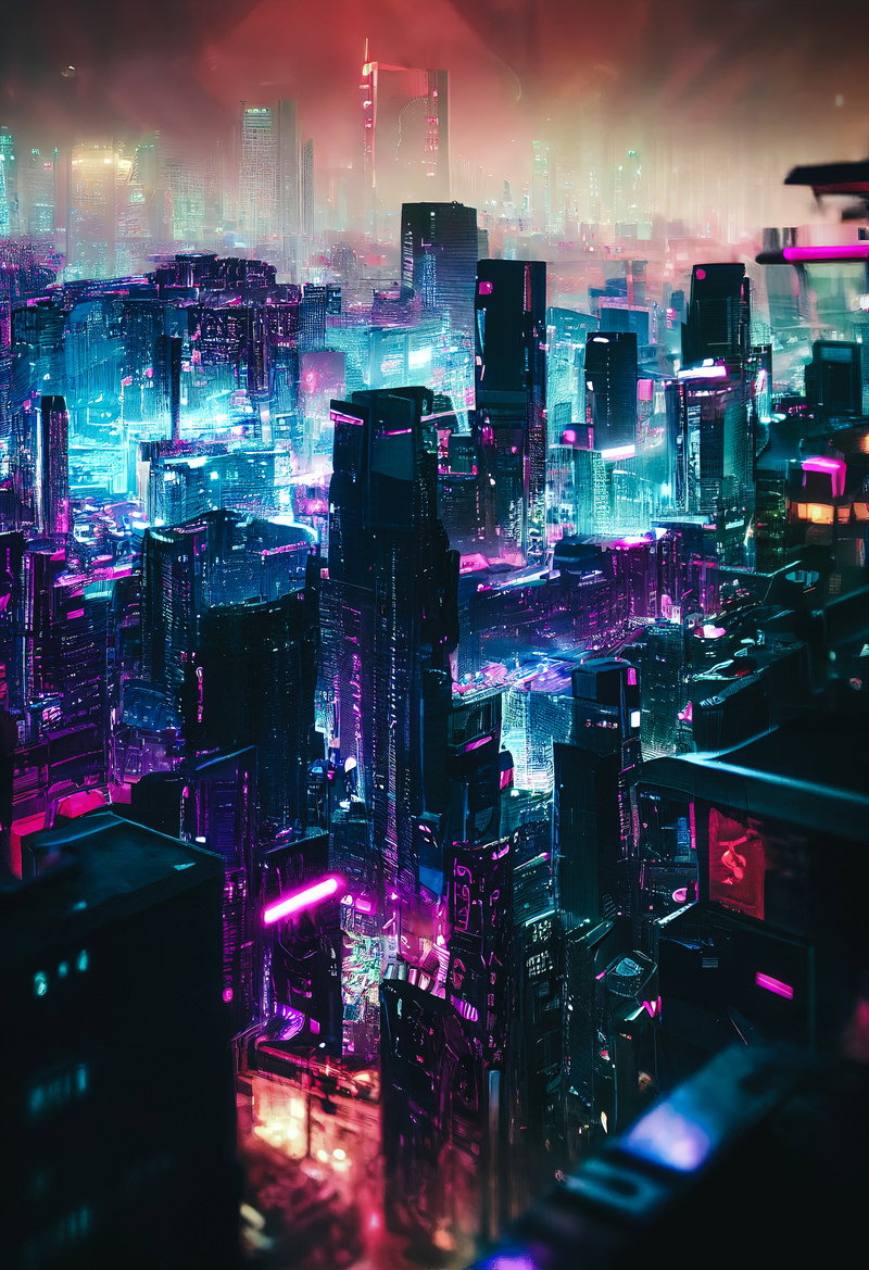 ネオンが光る近未来サイバーパンク都市の夜景