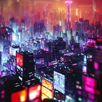 大気汚染のスモッグとサイバーシティの夜景の写真