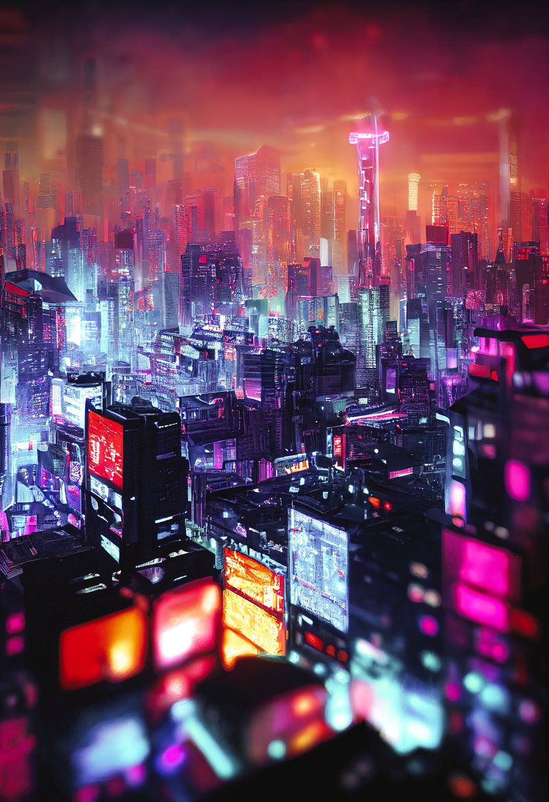 ネオンライトが輝くサイバーパンク風の未来都市の夜景