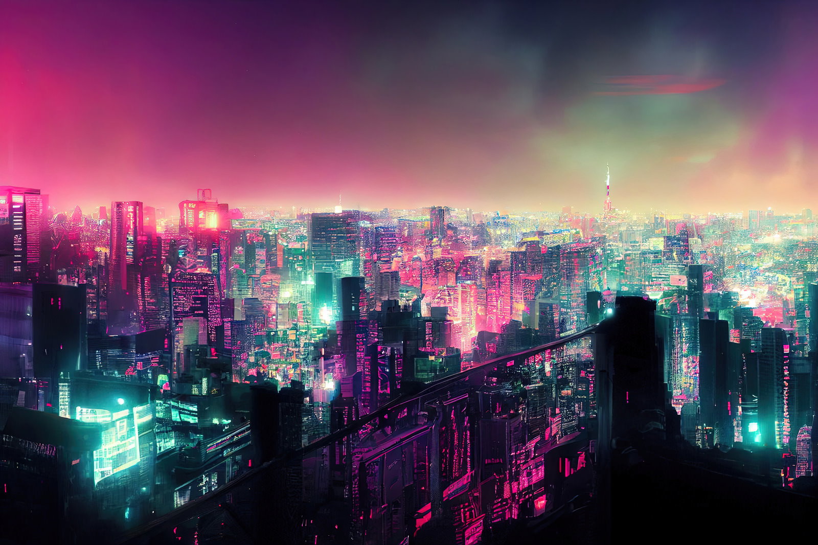 ピンクと青のネオンに照らされたサイバーパンク風の未来都市夜景