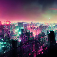 怪しい光に包まれるサイバーパンク風ビル群の写真