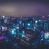 薄暗いネオンの都市、サイバーパンク風ビル群の写真