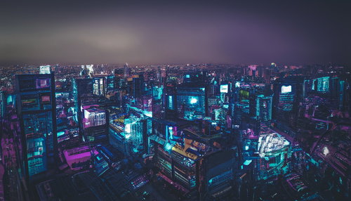 薄暗いネオンの都市、サイバーパンク風ビル群