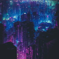 超高層ビルのスキマから望むネオン色の未来都市の写真