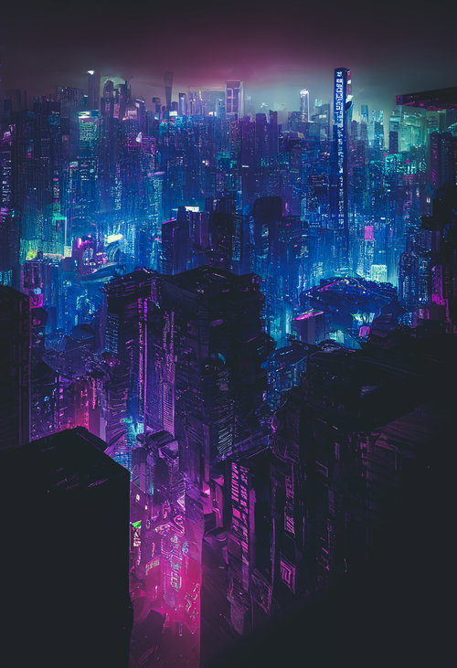 超高層ビルのスキマから望むネオン色の未来都市