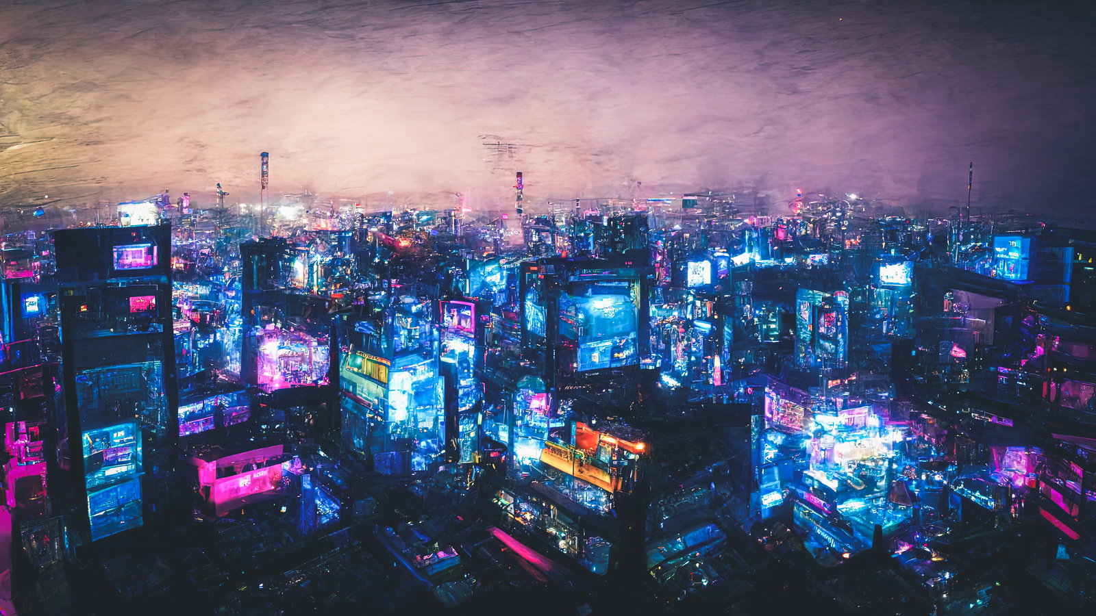 紫とピンクのネオンが照らすサイバーパンク調の高層ビル群夜景のAI素材