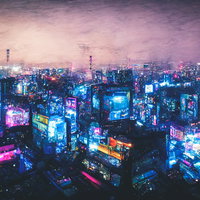 紫とピンクのネオンが照らすサイバーパンク調の高層ビル群夜景の写真