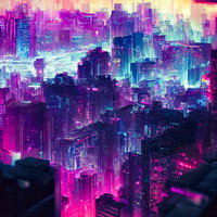 世紀末感あるサイバーシティの夜景 紫とピンクのネオン街の写真