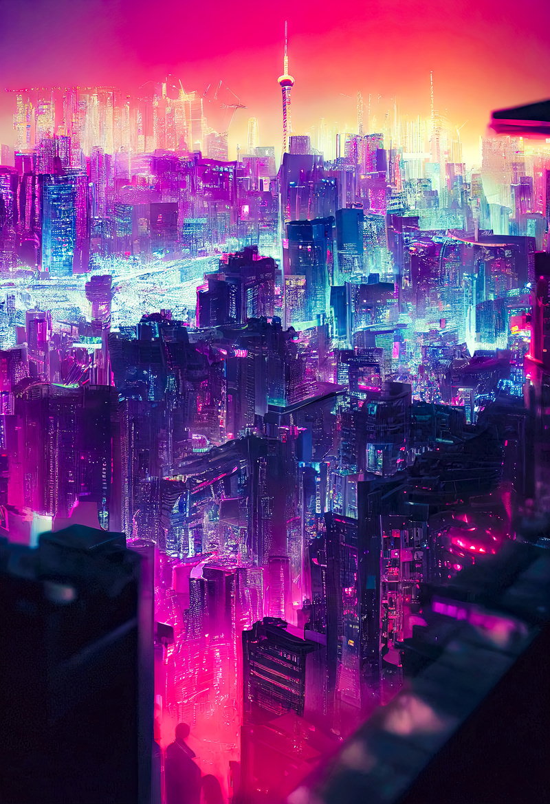 紫とピンクのネオンが光るサイバーパンク風の未来都市の夜景