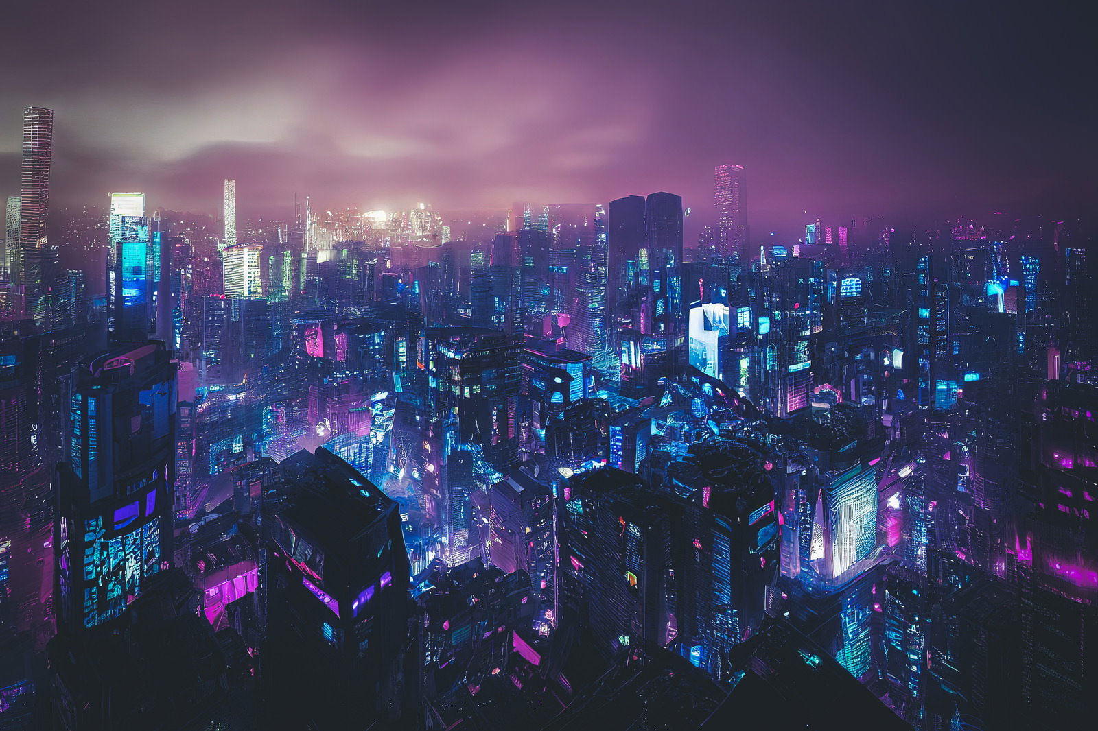 ネオンライトで照らされたサイバーパンク調の未来都市の夜景