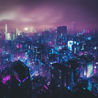 怪しく光るネオンのサイバーパンク調近未来高層ビル群の写真