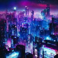 怪しく光る未来都市の高層ビル群、サイバーパンク調の夜景の写真