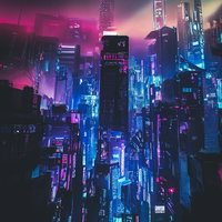 ネオンで浮かび上がる近未来のサイバーパンク高層ビル群の写真