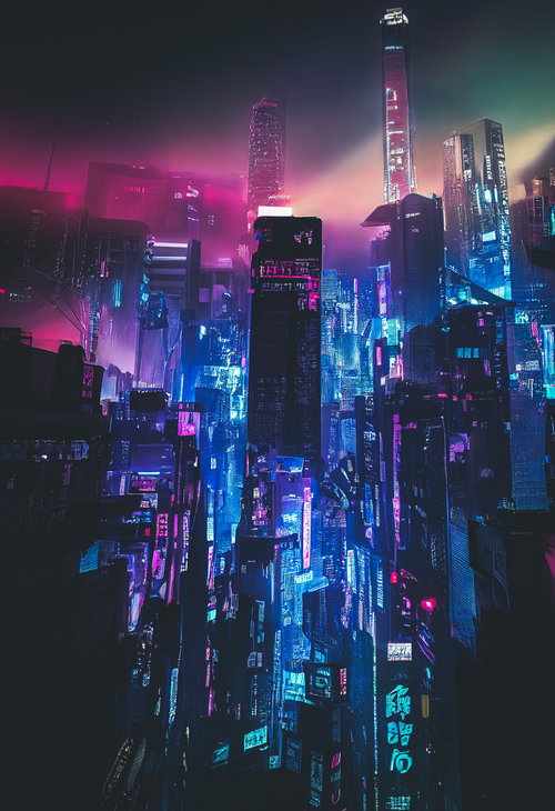 ネオンで浮かび上がる近未来のサイバーパンク高層ビル群
