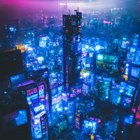 青い光に包まれるサイバーパンク風の仮想空間の高層ビル群の写真