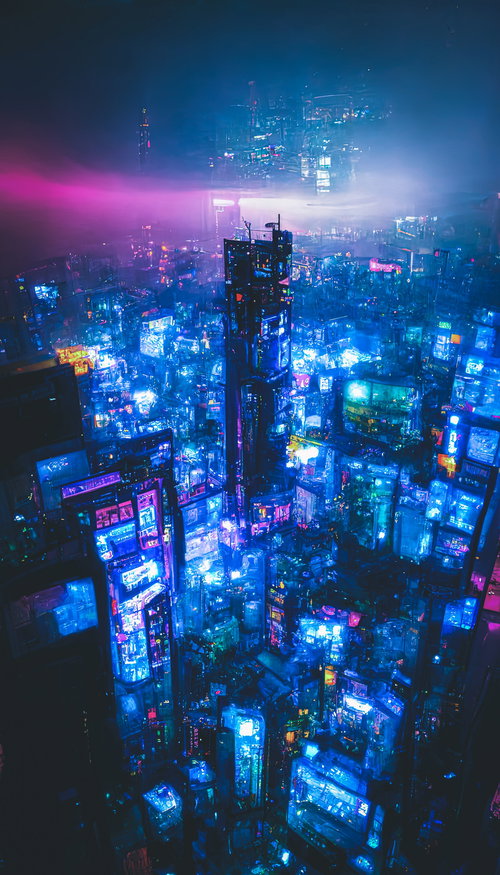 青い光に包まれるサイバーパンク風の仮想空間の高層ビル群