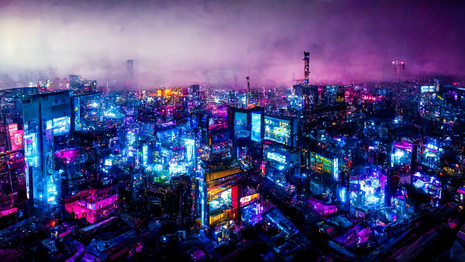 紫とピンクのネオンで光るサイバーパンク風の未来都市夜景