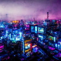 怪しく光るネオンの世紀末サイバーパンク高層ビル街の写真