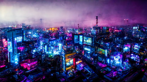 怪しく光るネオンの世紀末サイバーパンク高層ビル街