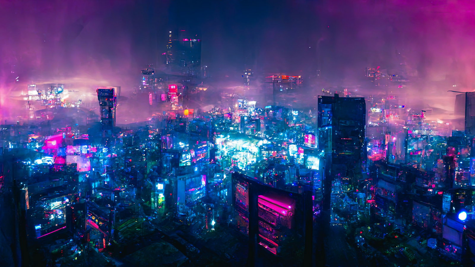 ネオンが光る薄暗いサイバー都市の俯瞰