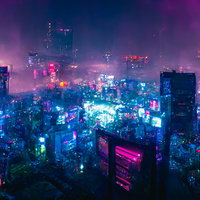 ネオンが不気味に光る薄暗いサイバー都市の写真