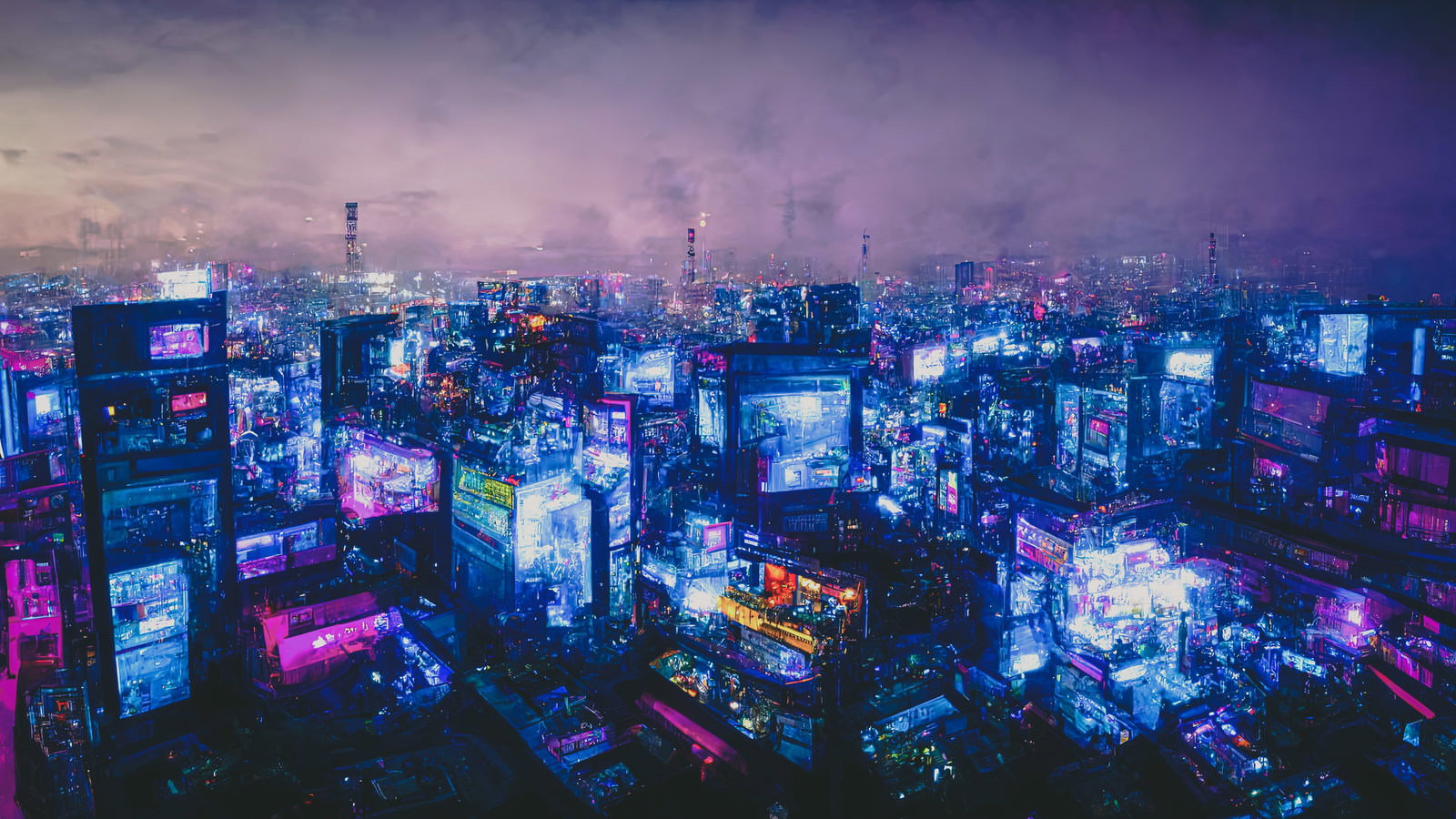 紫とブルーのネオンライトが光るサイバーパンク調の未来都市夜景
