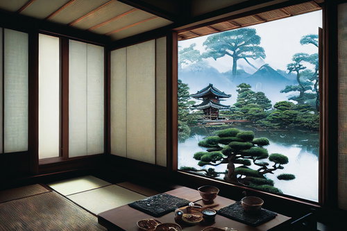 和室から望む日本庭園風の池と松の景観