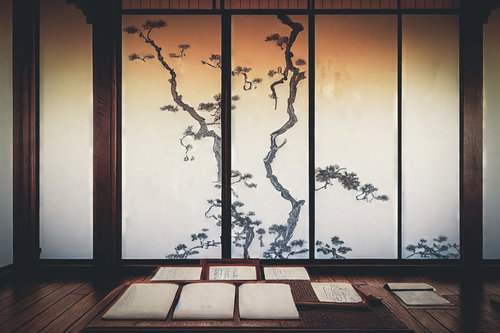 木枠に囲まれた松の襖絵がある和室の座敷空間