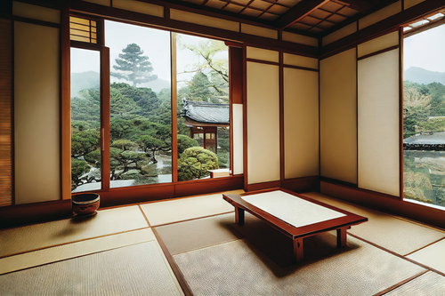 畳のある和室から眺める日本庭園の景色と縁側の風景