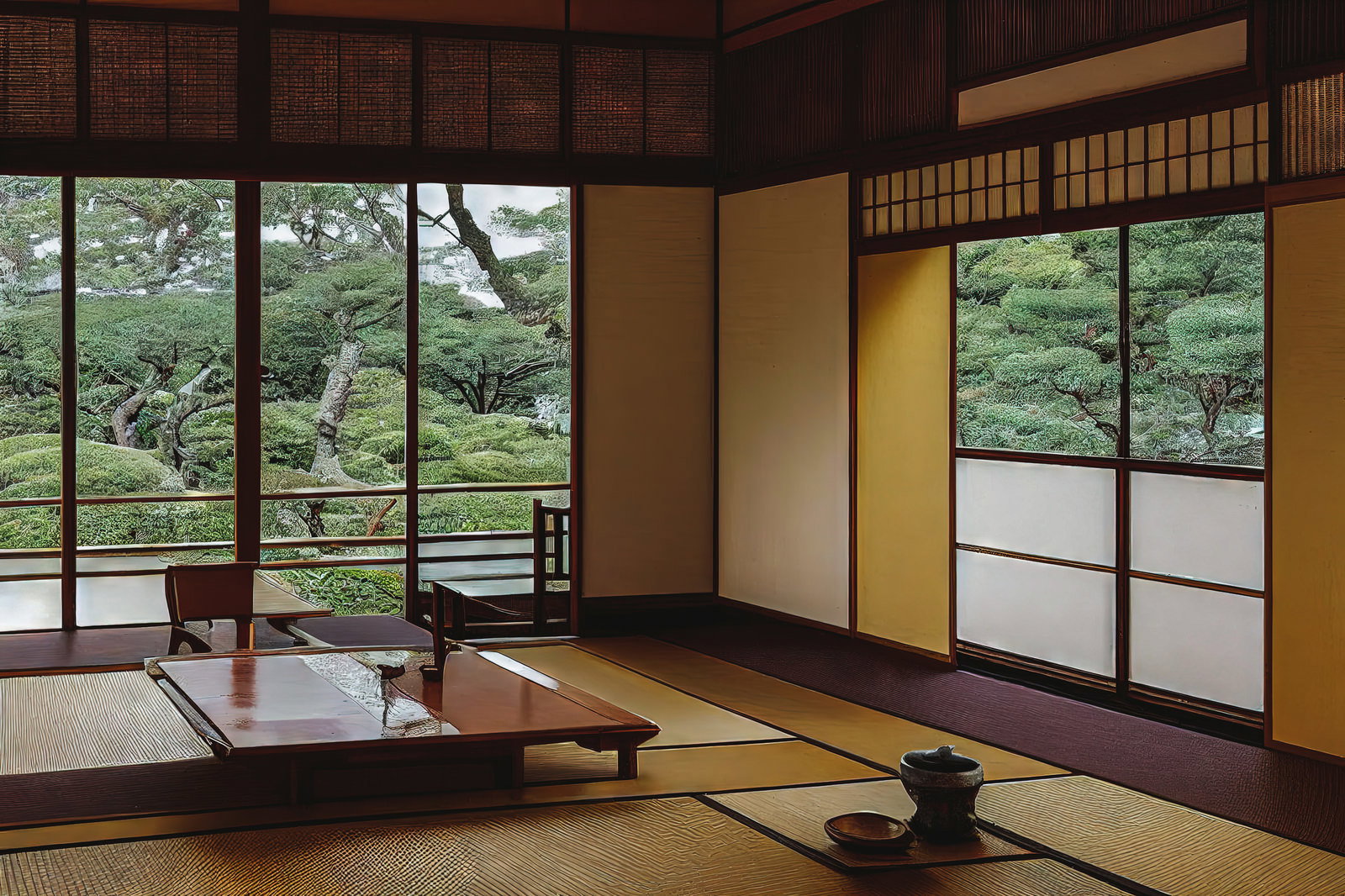 畳敷きの和室から障子越しに庭園の松を眺める日本建築の風景