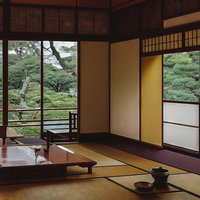 座敷から見える庭園の松と緑の伝統的な日本建築空間の写真