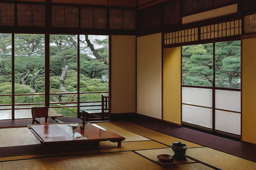 座敷から見える庭園の松と緑の伝統的な日本建築空間