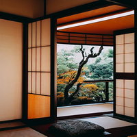 庭園が見える和室の障子 - 畳の座敷から眺める日本庭園の写真