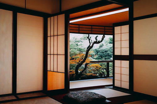 庭園が見える和室の障子 - 畳の座敷から眺める日本庭園