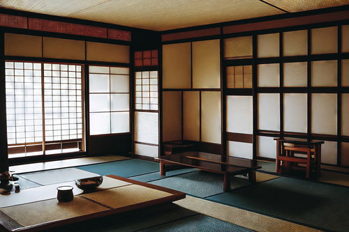 格子戸と障子のある古民家の座敷、畳敷きの和室空間