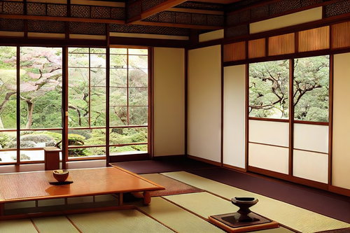 和室の窓から見える庭園の松と畳敷きの景観