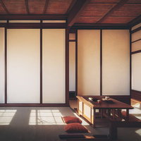 窓から差し込む光と古民家風の和モダンな和室の写真