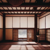 天井が高い古民家の座敷に障子から差し込む光の写真