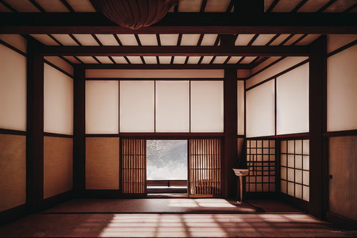天井が高い古民家の座敷に障子から差し込む光