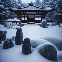 雪が降り積もる中の寺院と石庭園の写真