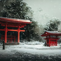 雪が吹雪く中の大きな赤い鳥居と降雪の神社境内の写真