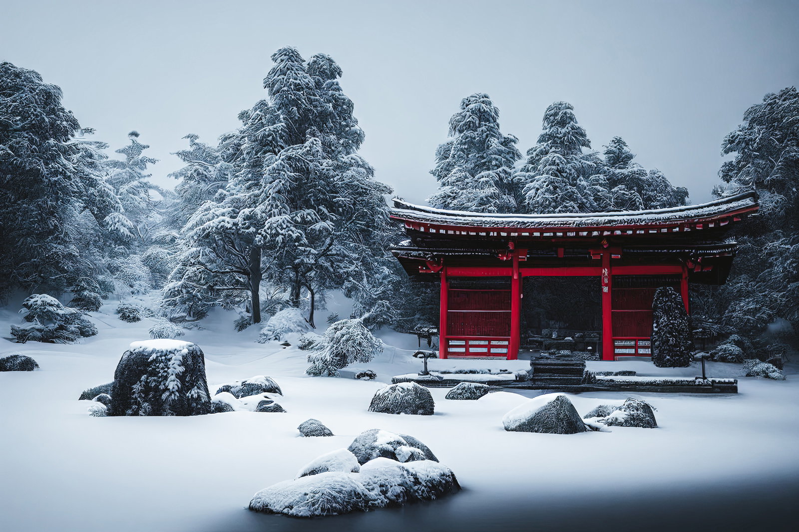 雪に覆われた境内に佇む朱色の寺院建築と雪化粧した木々
